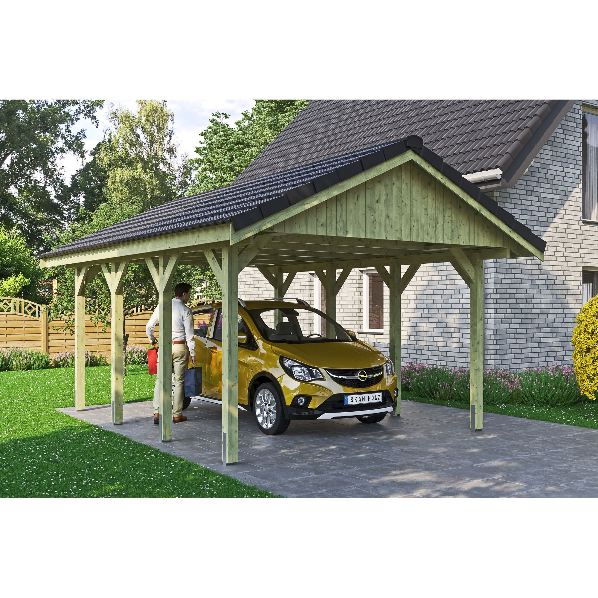Gelbes Auto unter einem Carport von SKAN HOLZ