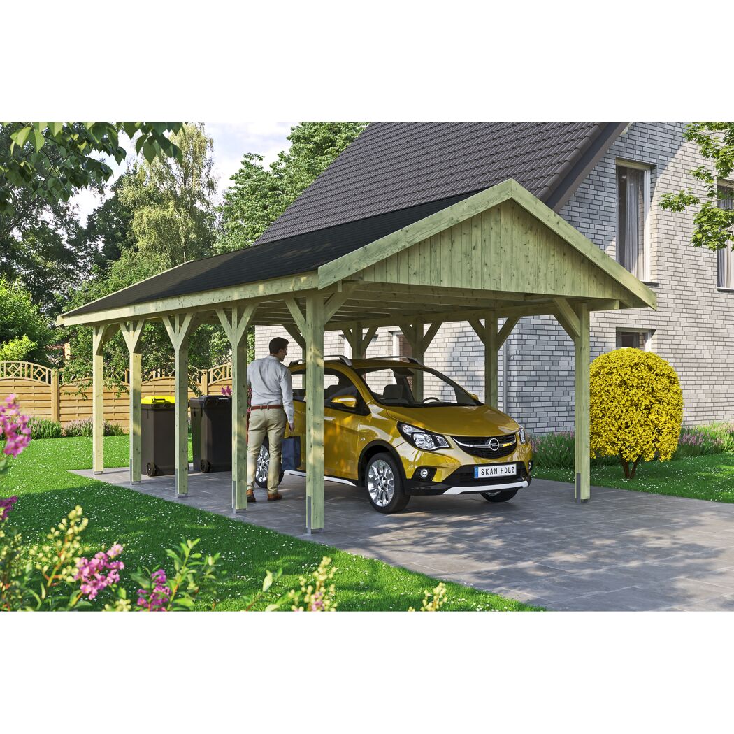 Gelbes Auto unter einem Carport aus Holz.