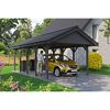 Person parkt gelbes Auto unter Carport