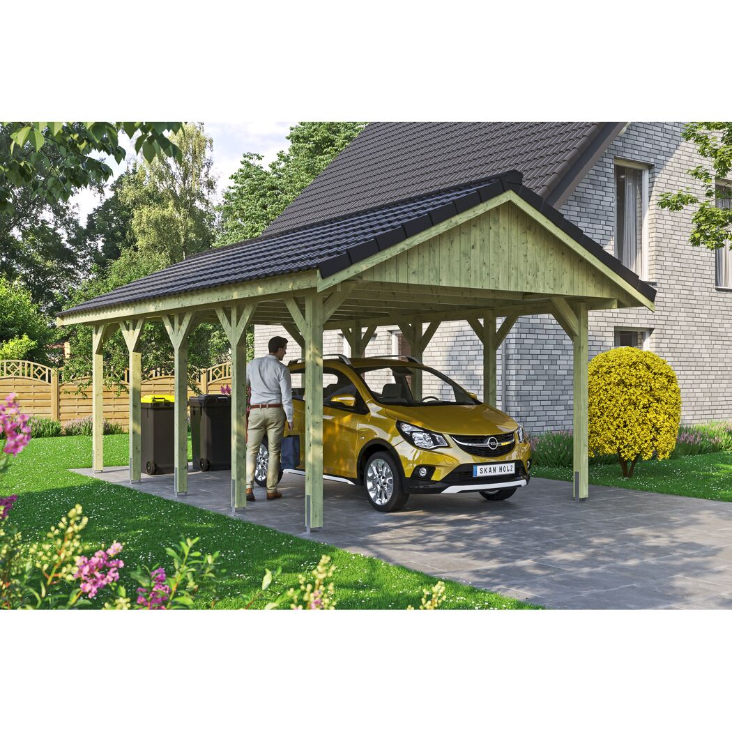 Gelbes Auto unter einem Carport mit Mülltonnen.