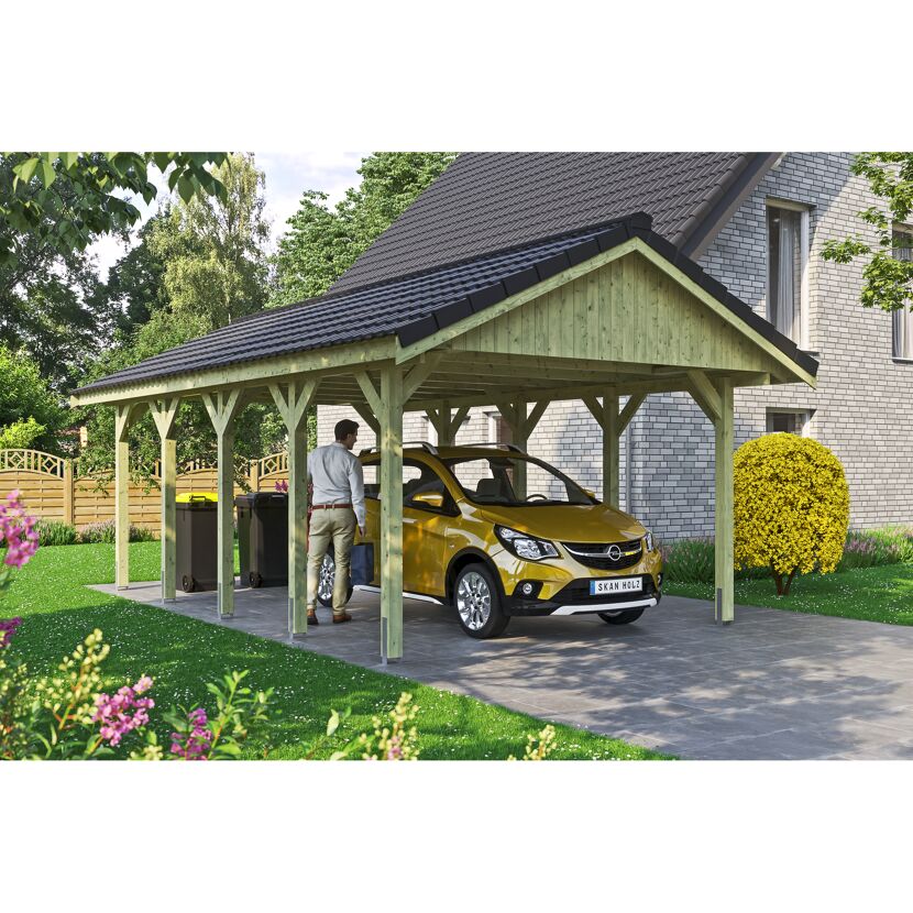 Gelbes Auto unter einem Carport mit Mülltonnen.