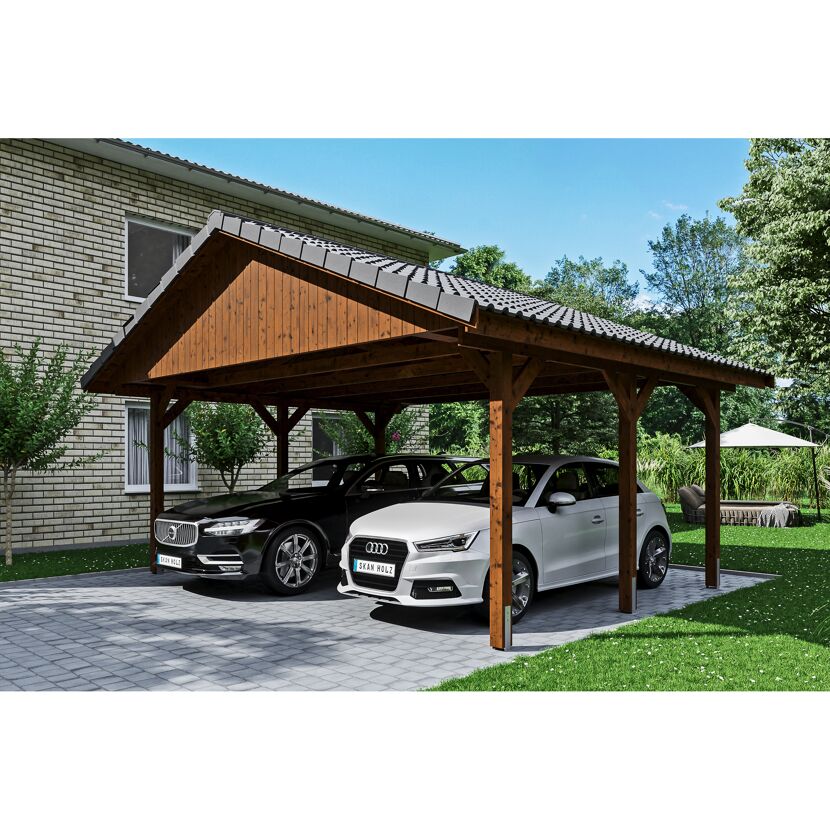 Doppelcarport aus Holz mit zwei Autos