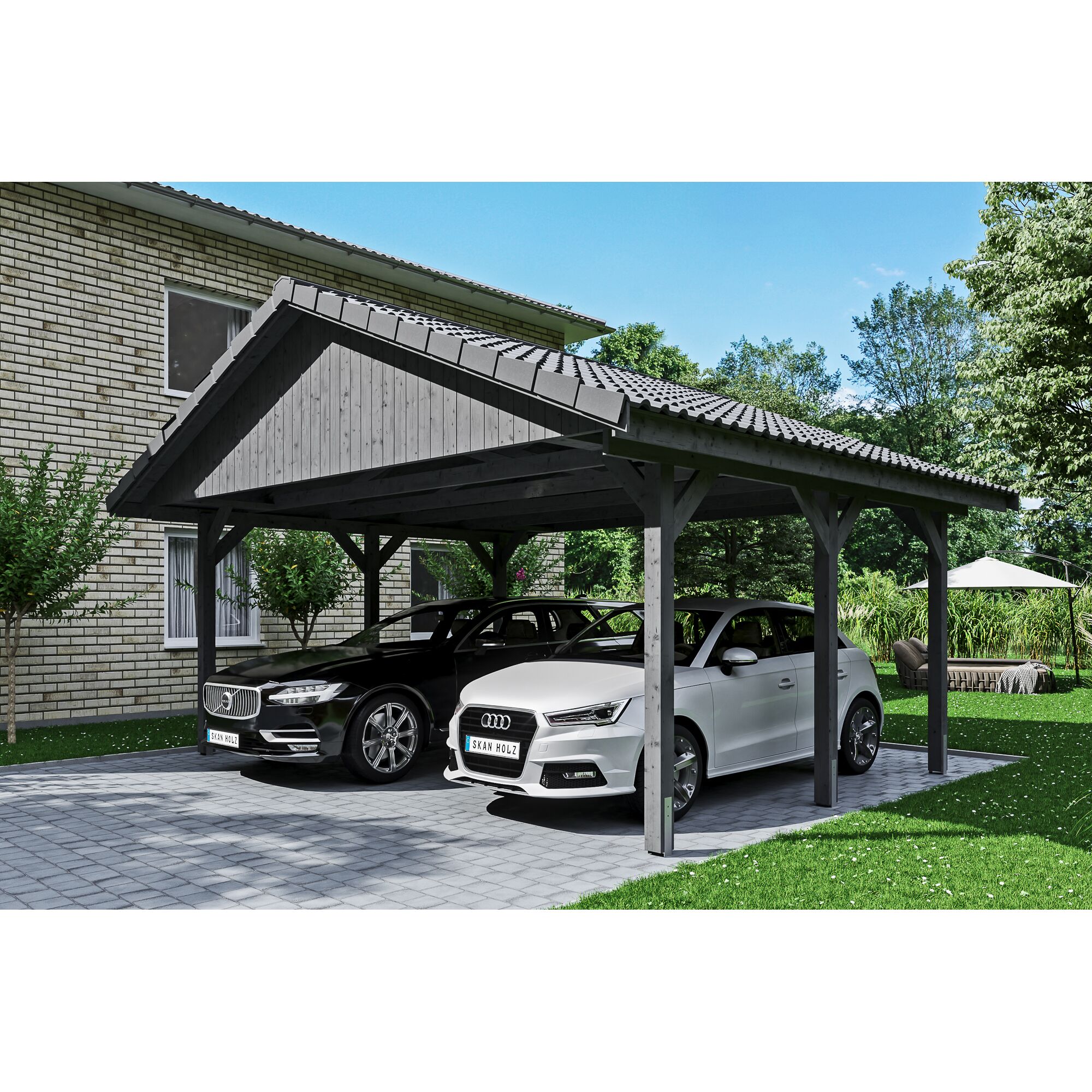 Doppelcarport mit zwei Autos darunter
