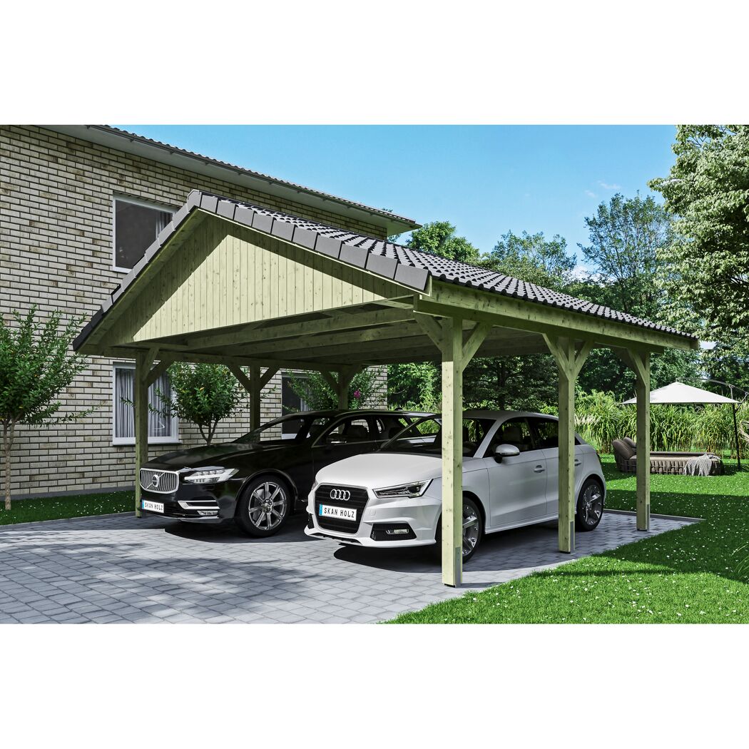 Doppelter Carport aus Holz mit zwei Autos