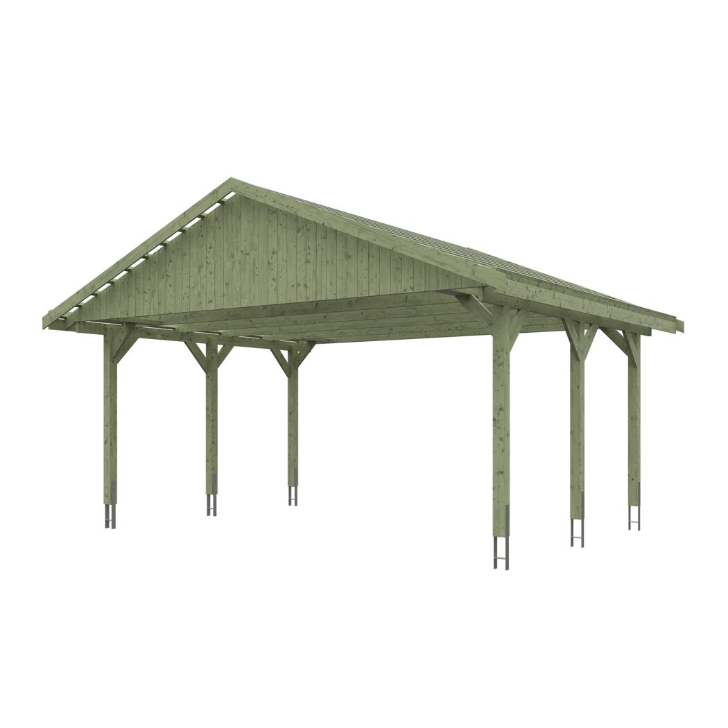 Grüner Carport aus Holz.