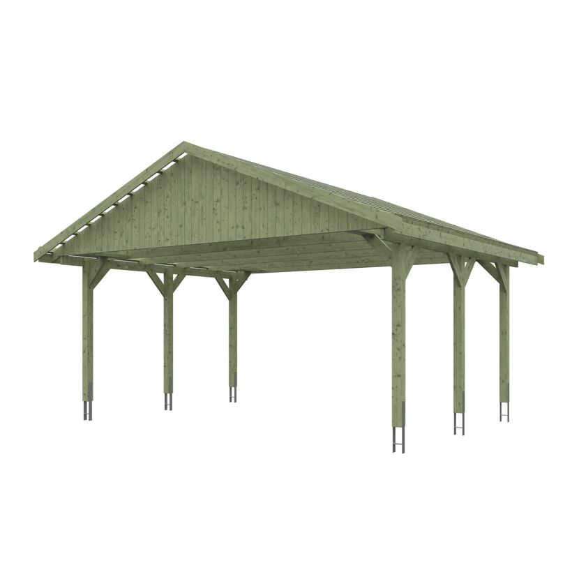 Grüner Carport aus Holz.