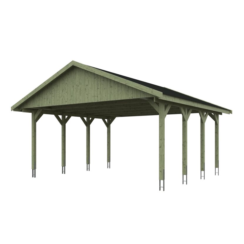 Grüner Carport mit schwarzem Dach