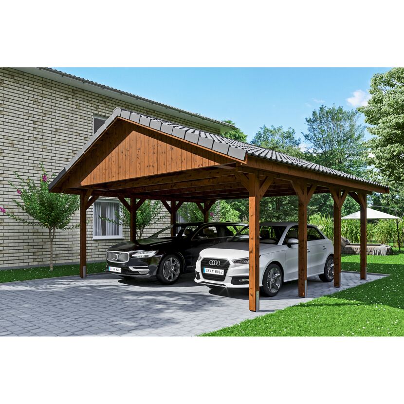 Doppelcarport aus Holz mit zwei Autos