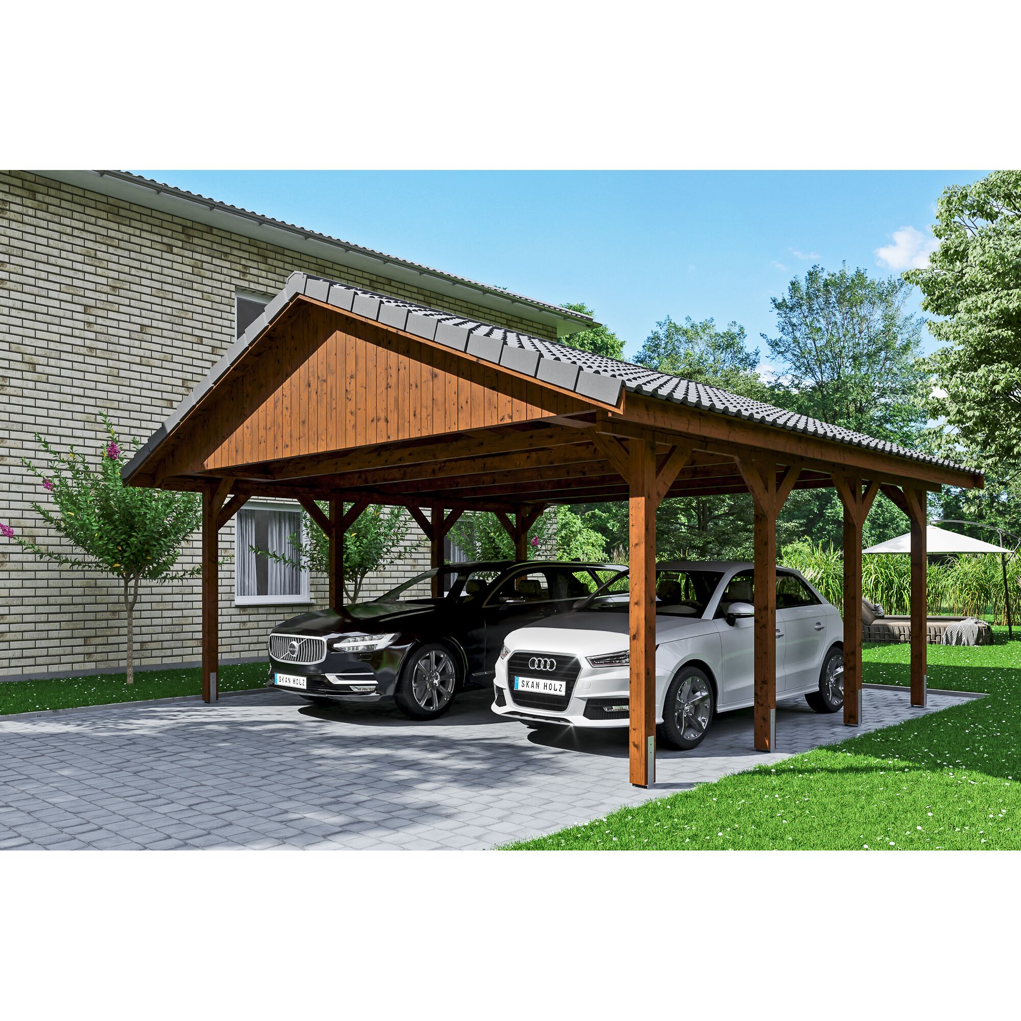 Doppelcarport aus Holz mit zwei Autos