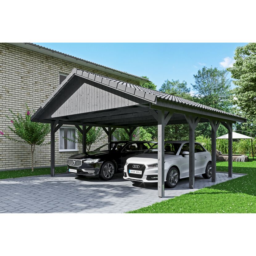 Doppelcarport mit grauen Dachziegeln und zwei Autos