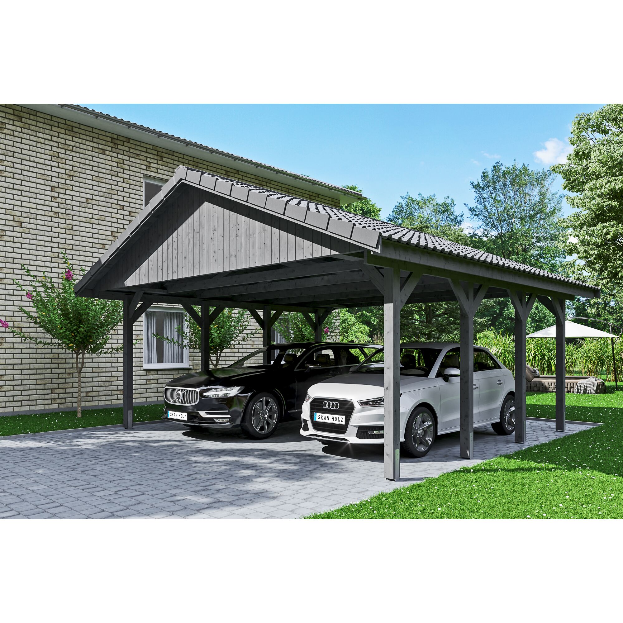 Doppelcarport mit grauen Dachziegeln und zwei Autos