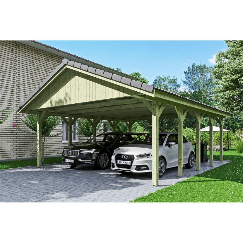 Doppelcarport aus Holz mit zwei Autos