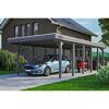 Auto und Roller unter einem grauen Carport