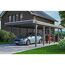 Auto und Roller unter einem grauen Carport