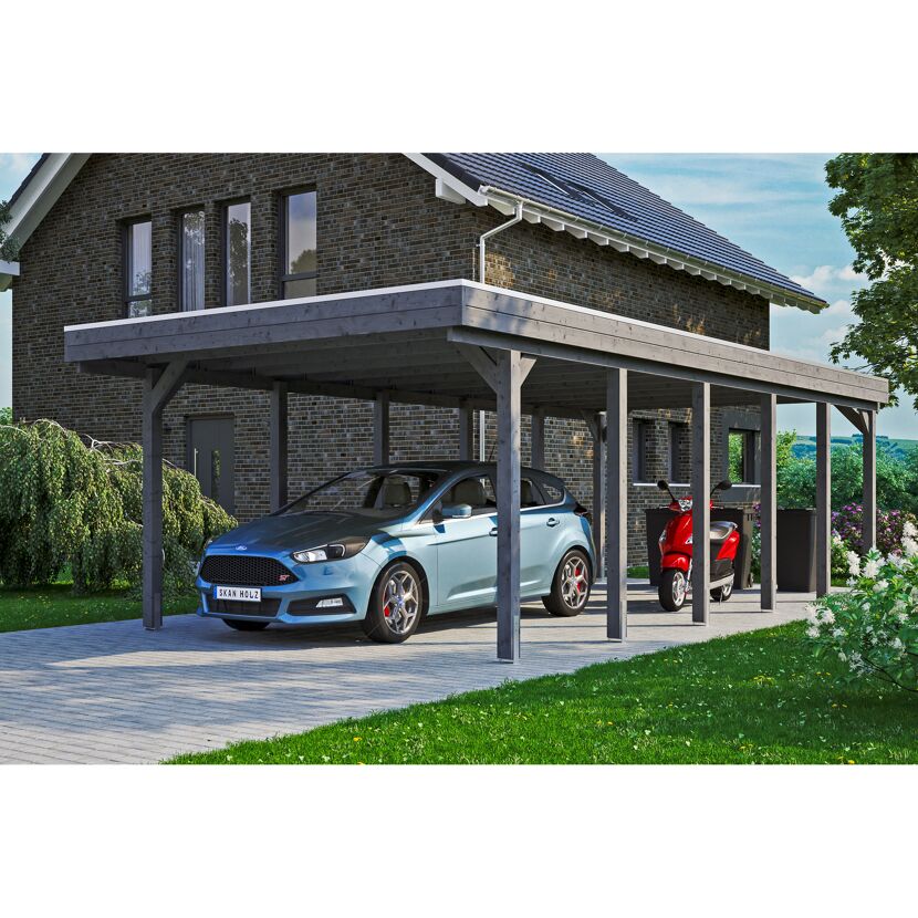 Auto und Roller unter einem grauen Carport