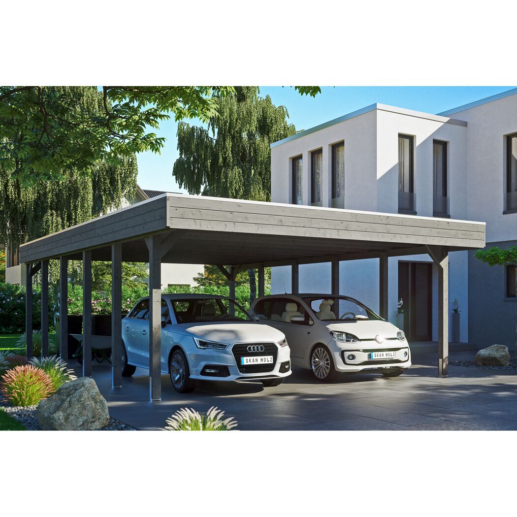 Doppelcarport mit zwei Autos darunter