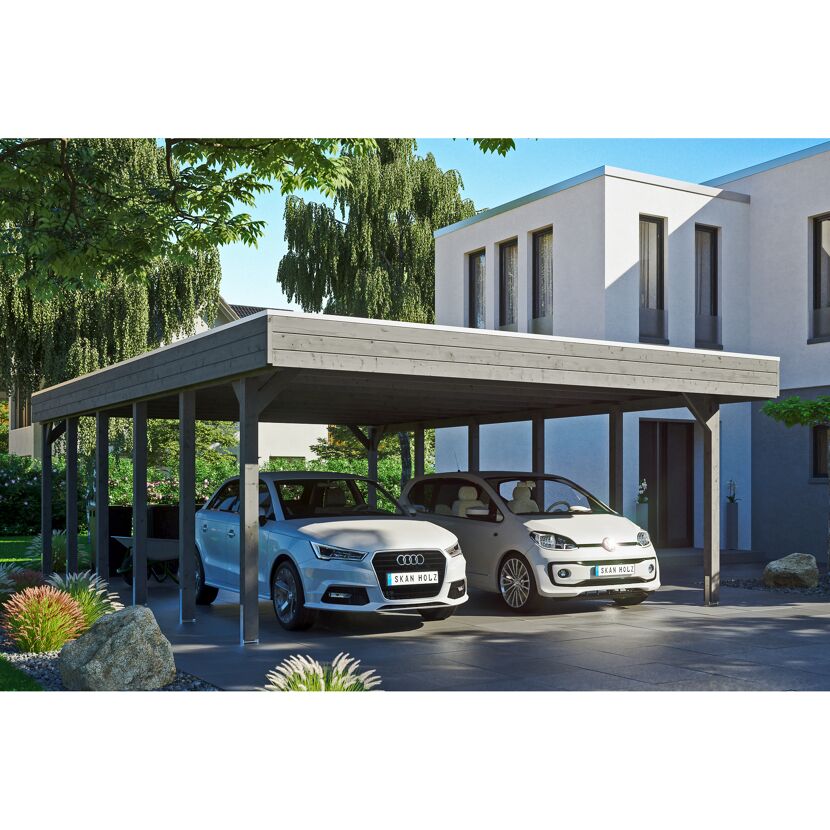 Doppelcarport mit zwei Autos darunter