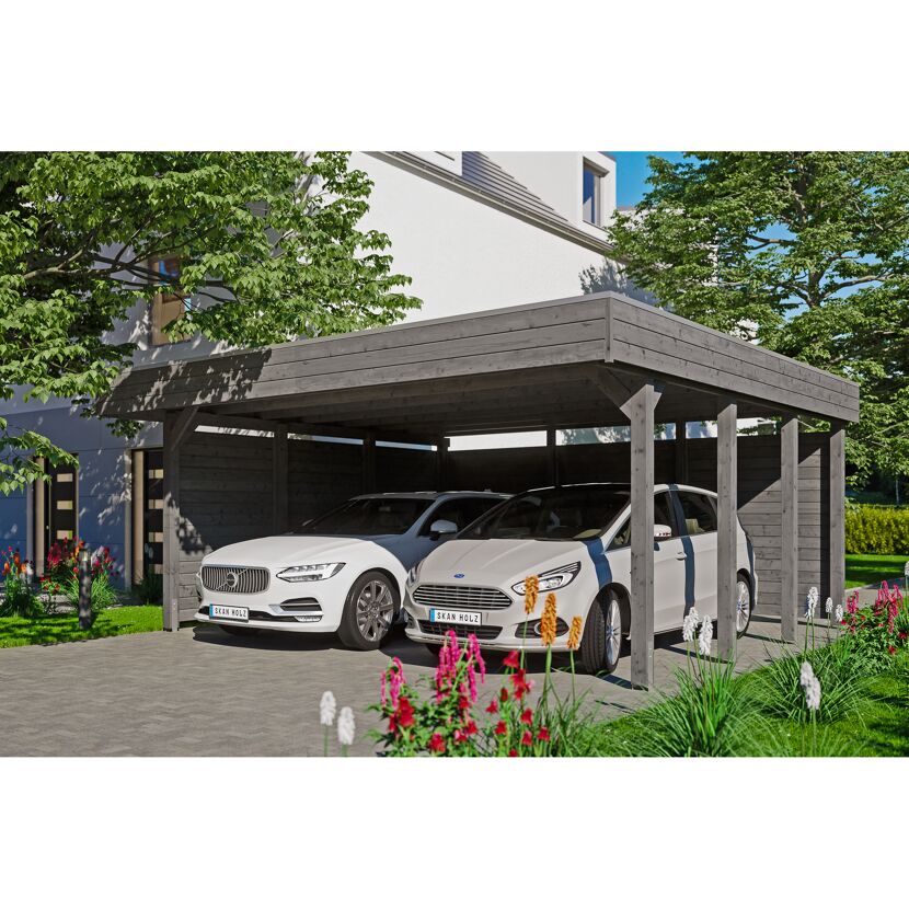 Doppelcarport aus Holz mit zwei Autos