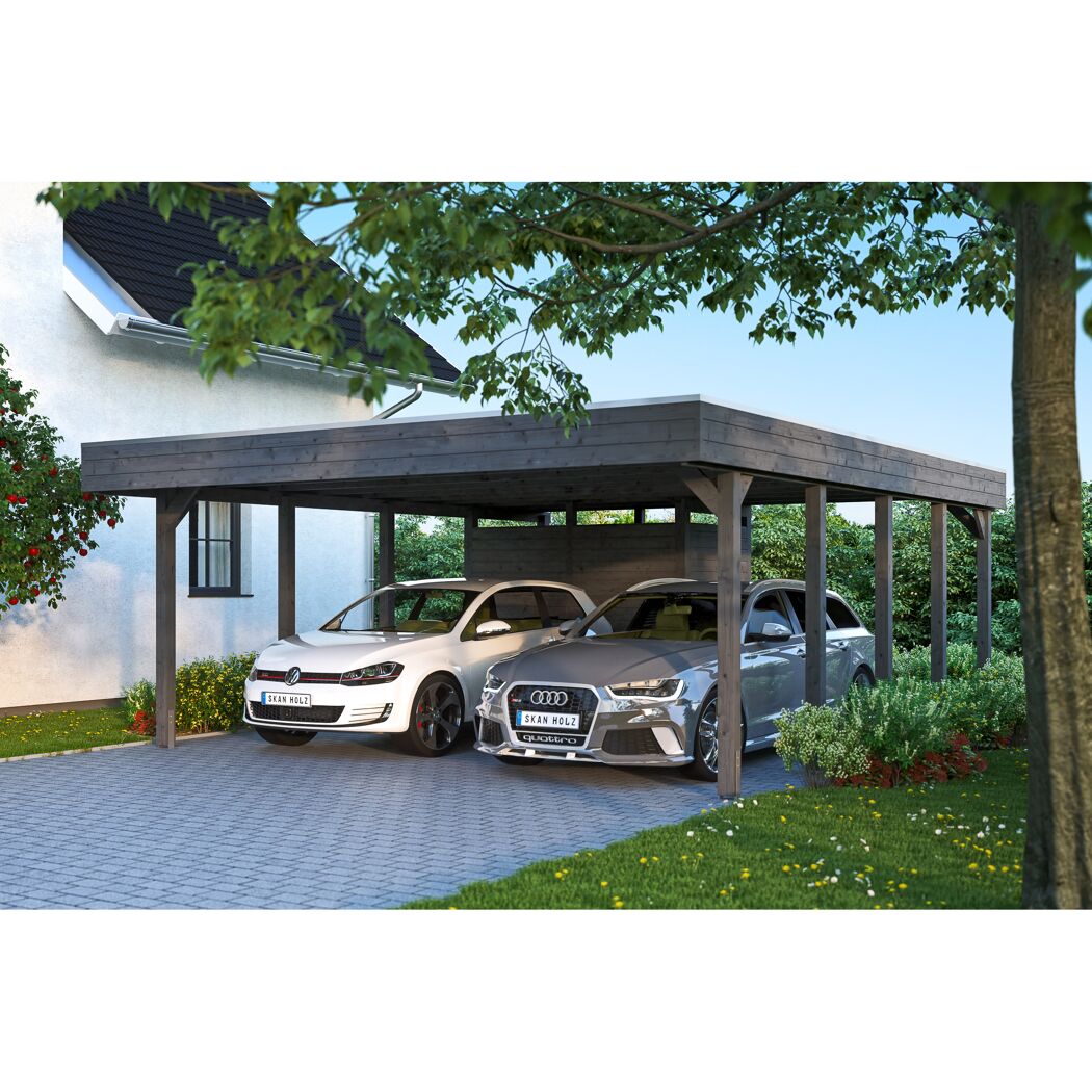 Zwei Autos unter einem grauen Carport.