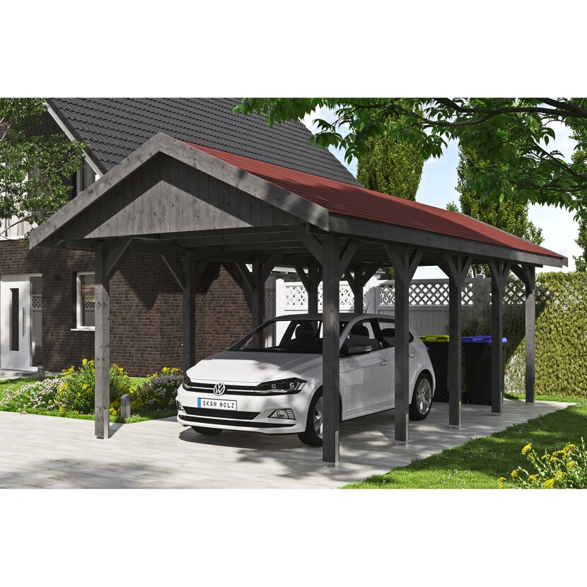 Auto steht unter einem grauen Carport mit rotem Dach.