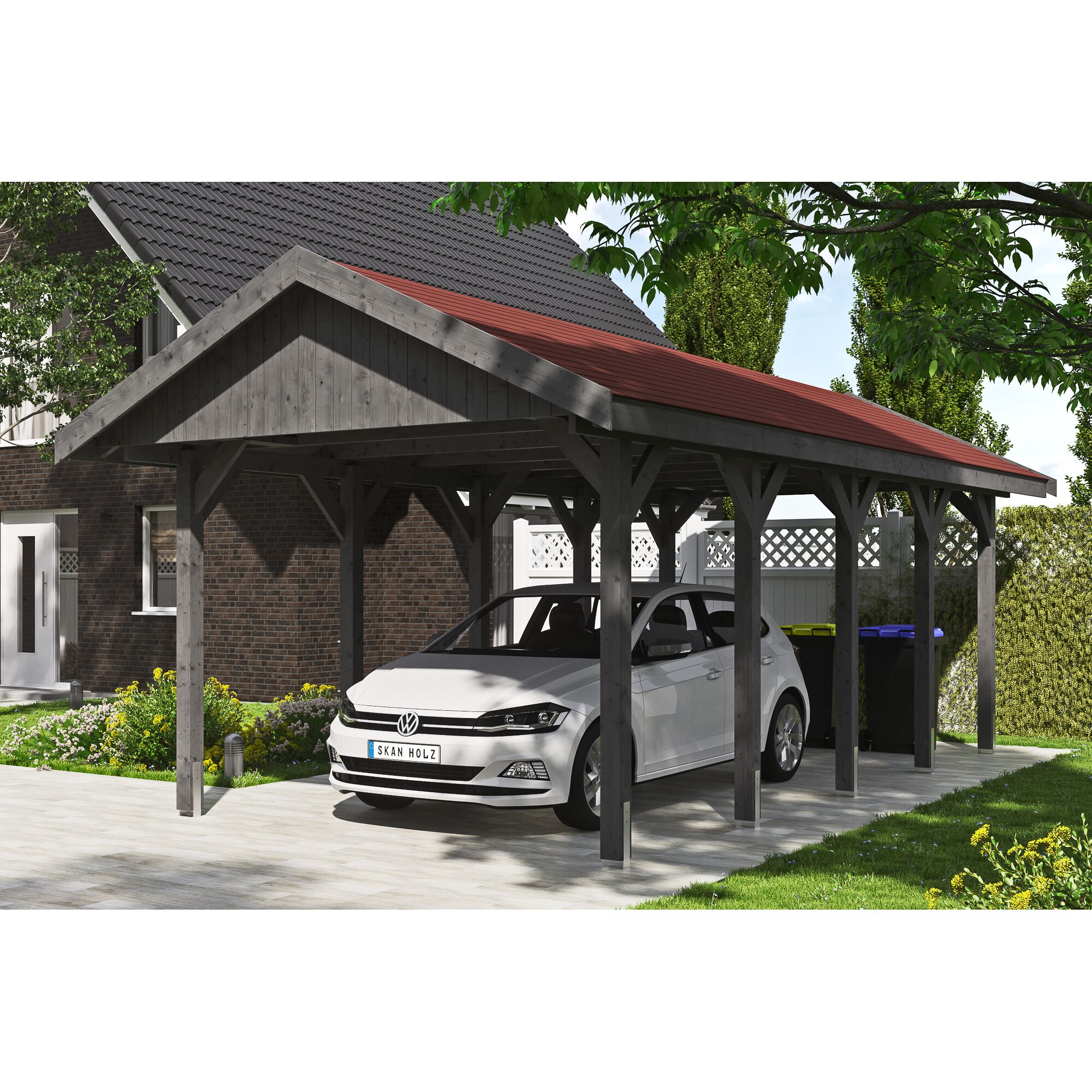 Auto steht unter einem grauen Carport mit rotem Dach.