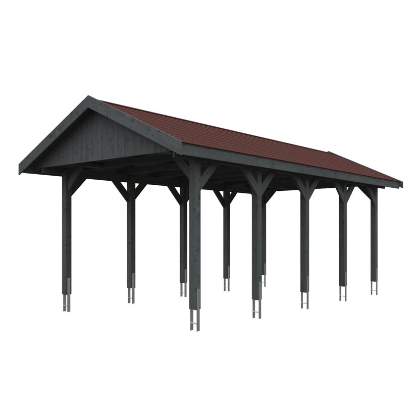 Grauer Carport mit rotem Dach