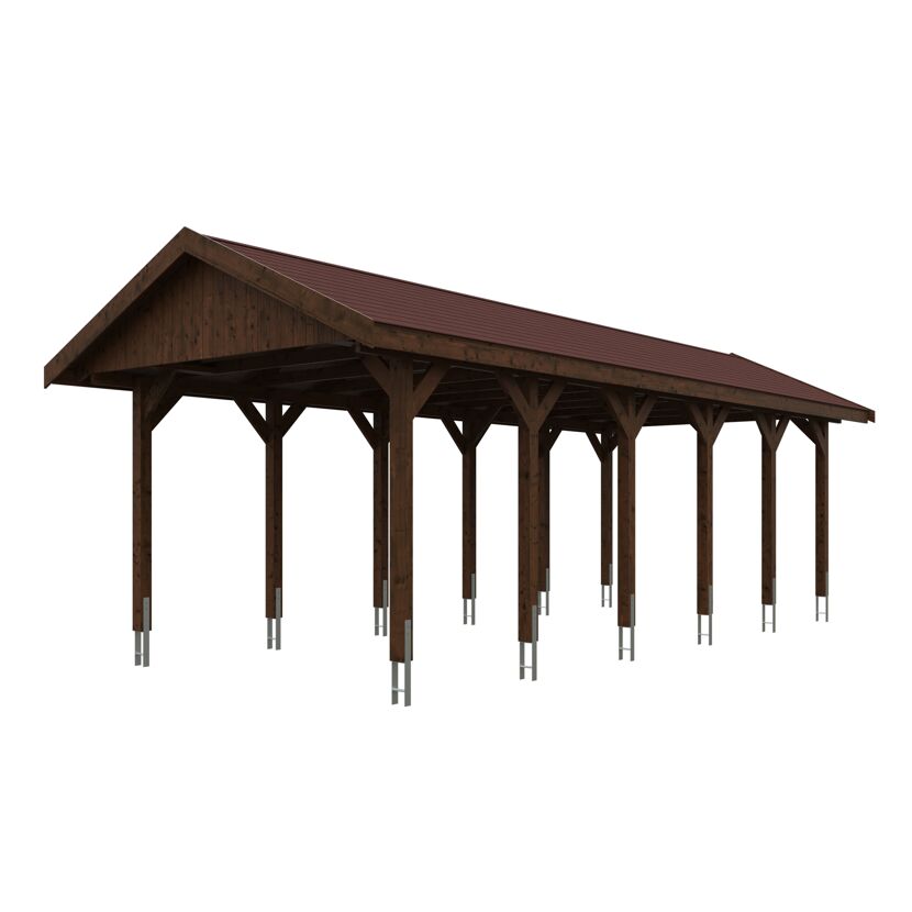 Holz-Carport mit braunem Dach