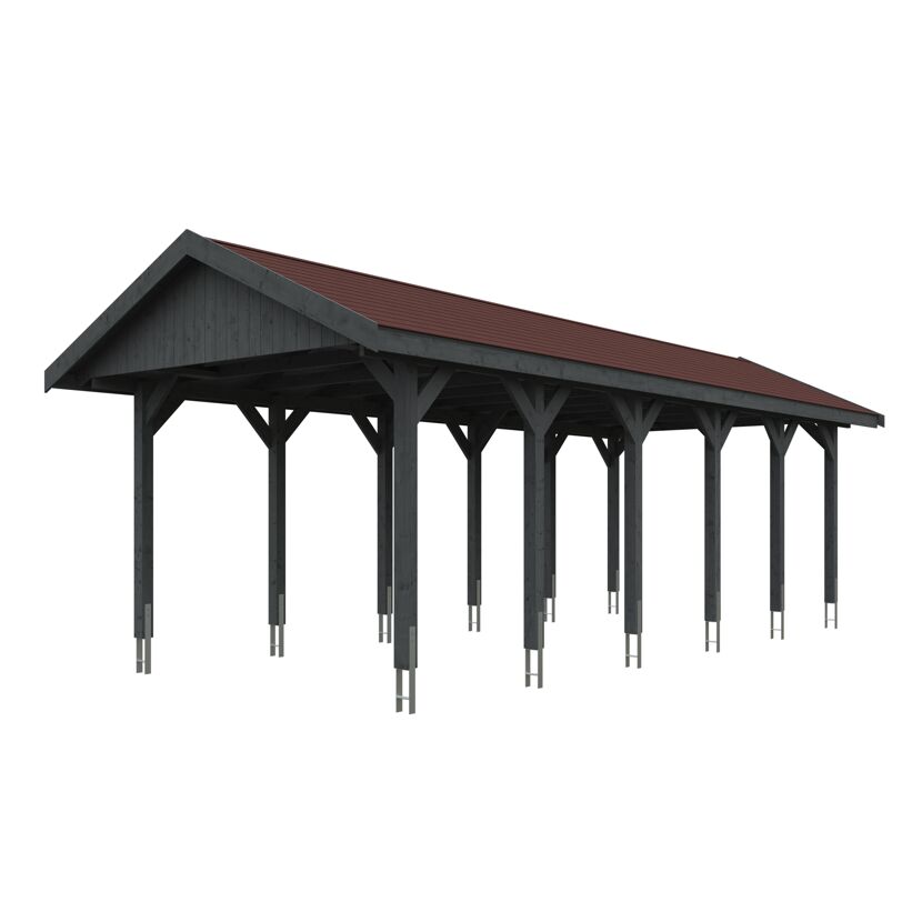 Grauer Carport mit rotem Dach