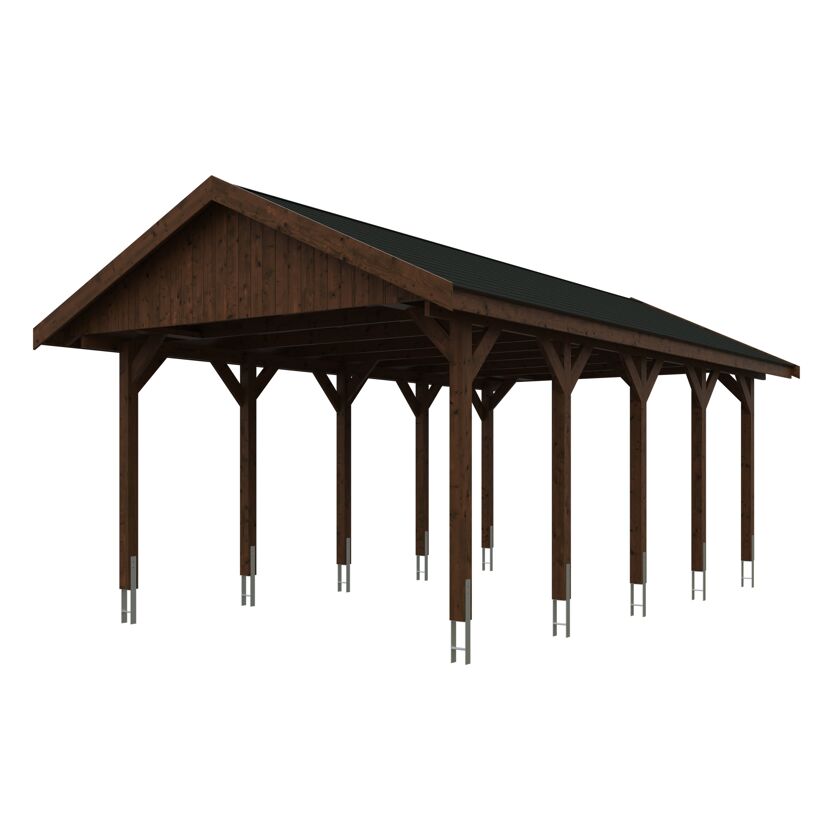 Einzelcarport 'Wallgau' mit schwarzen Schindeln 430 x 750 cm nussbaum