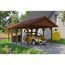 Person parkt gelbes Auto unter einem braunen Carport.