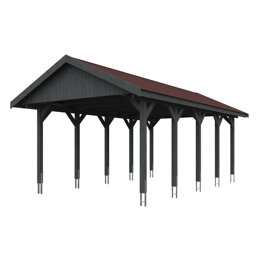 Grauer Carport mit rotem Dach