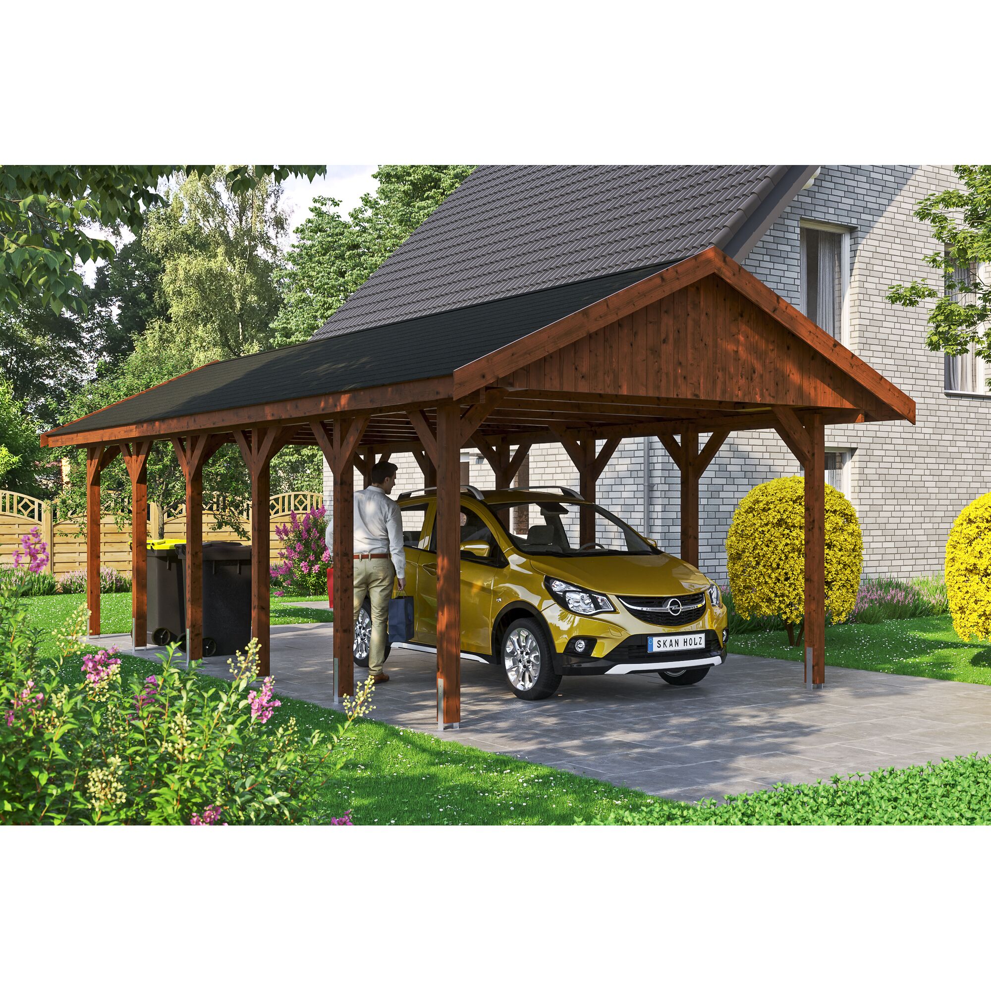 Holz-Carport mit Auto und Mülltonnen