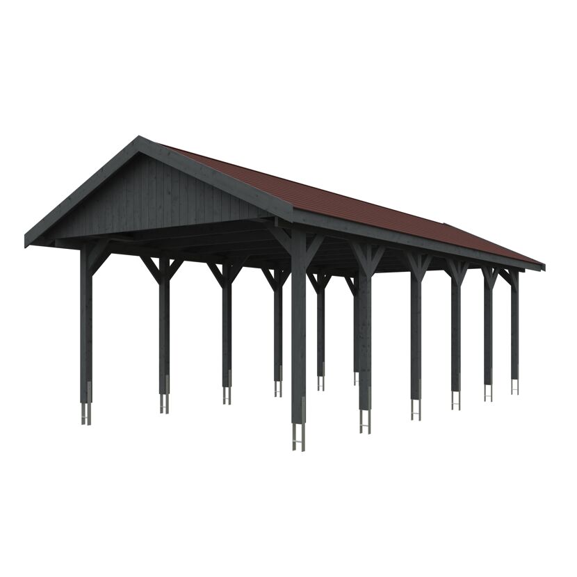 Grauer Carport mit rotem Dach