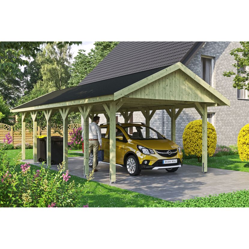 Auto steht unter einem Carport aus Holz.