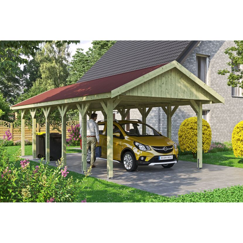 Gelbes Auto unter einem Carport aus Holz.