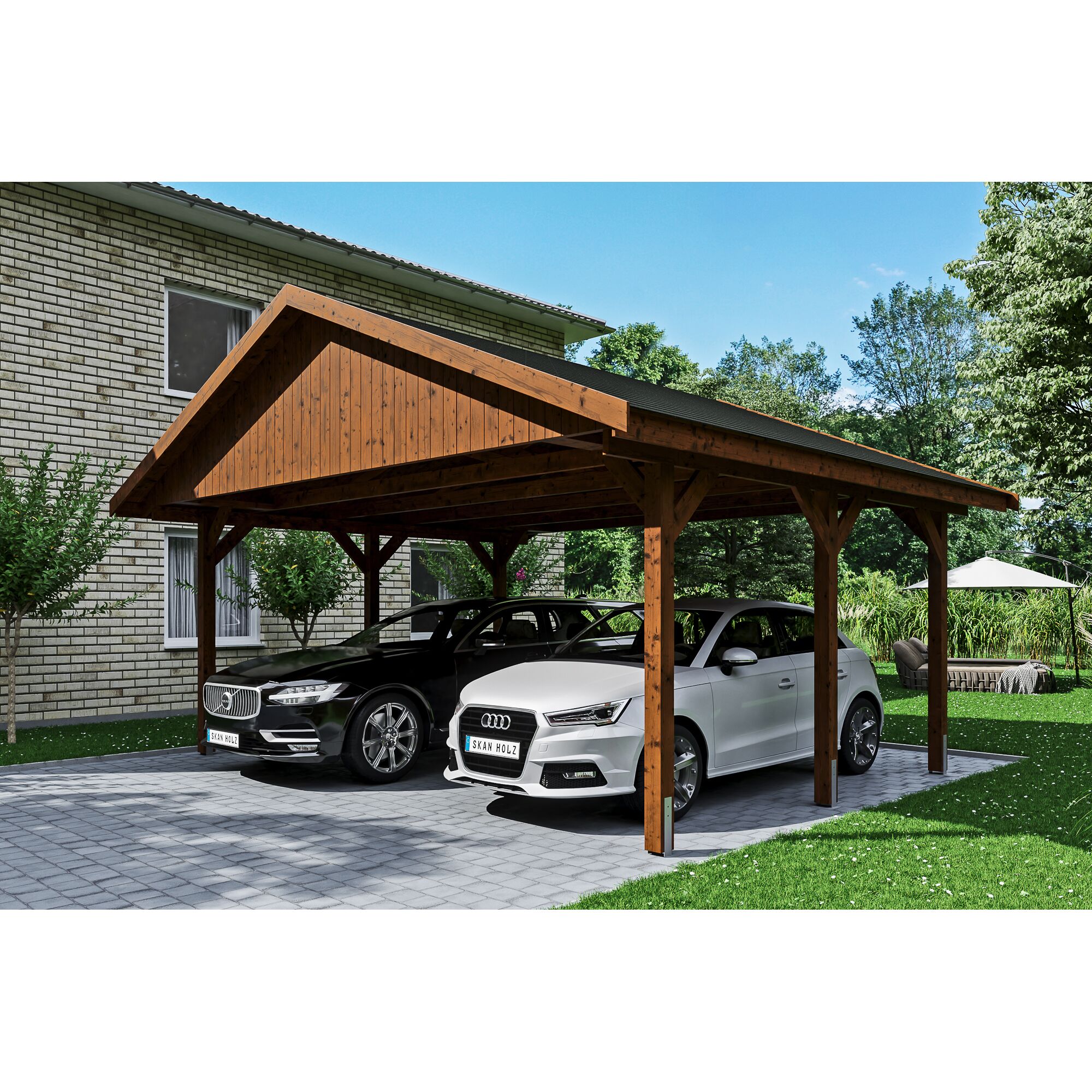 Doppelcarport aus Holz mit zwei Autos