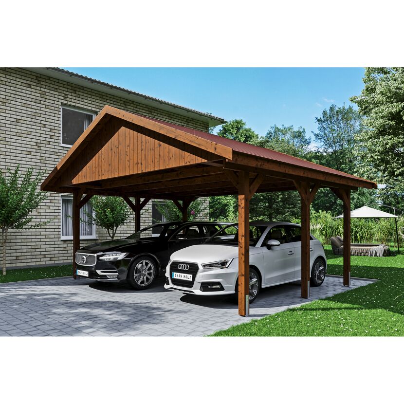 Doppelcarport aus Holz mit zwei Autos