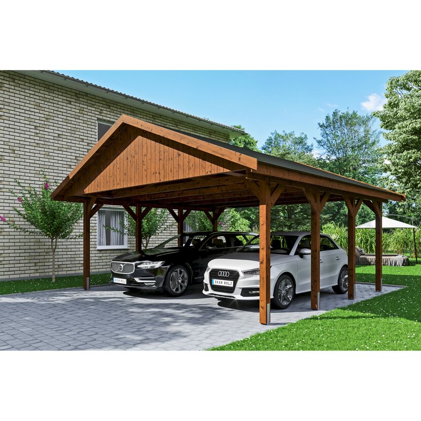 Doppelcarport aus Holz mit zwei Autos
