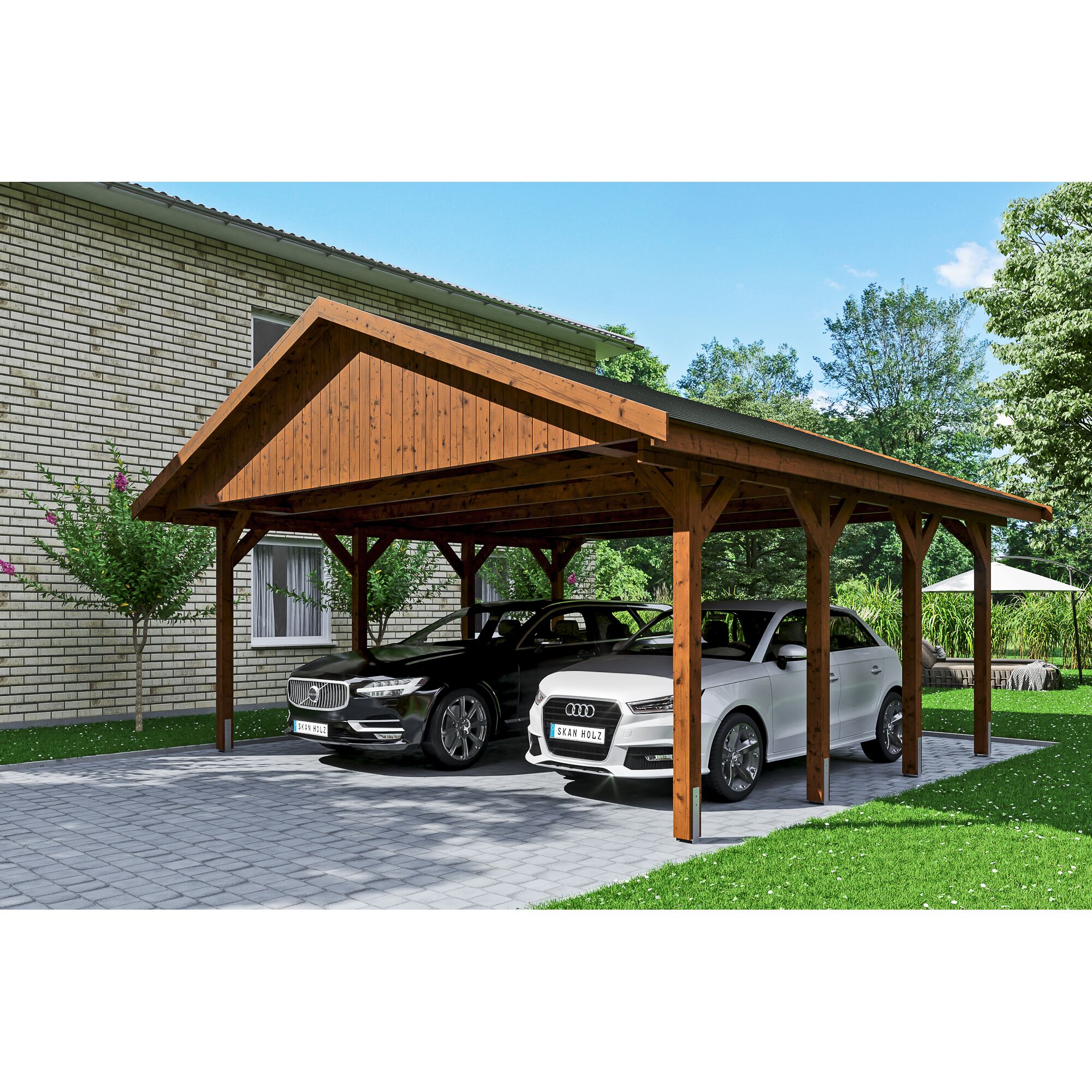 Doppelcarport aus Holz mit zwei Autos