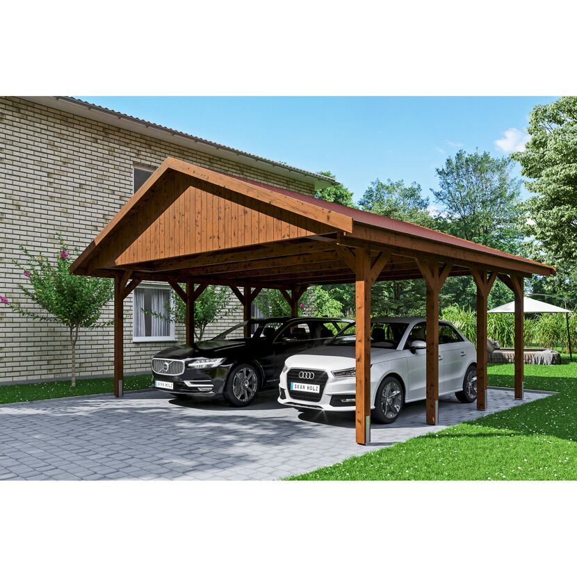 Doppelcarport aus Holz mit zwei Autos