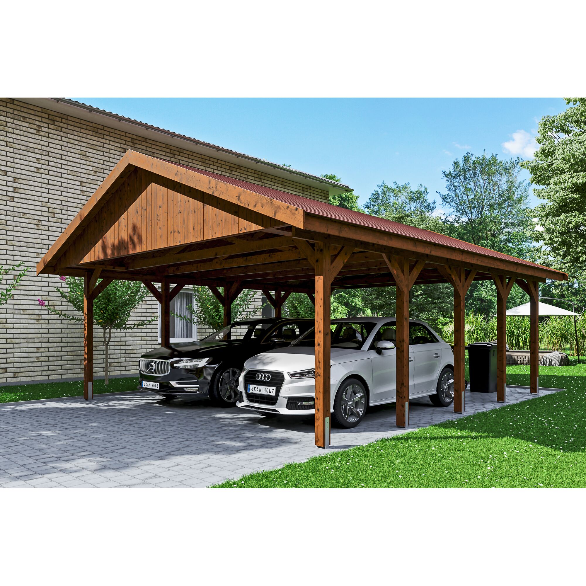 Doppelcarport aus Holz mit zwei Autos