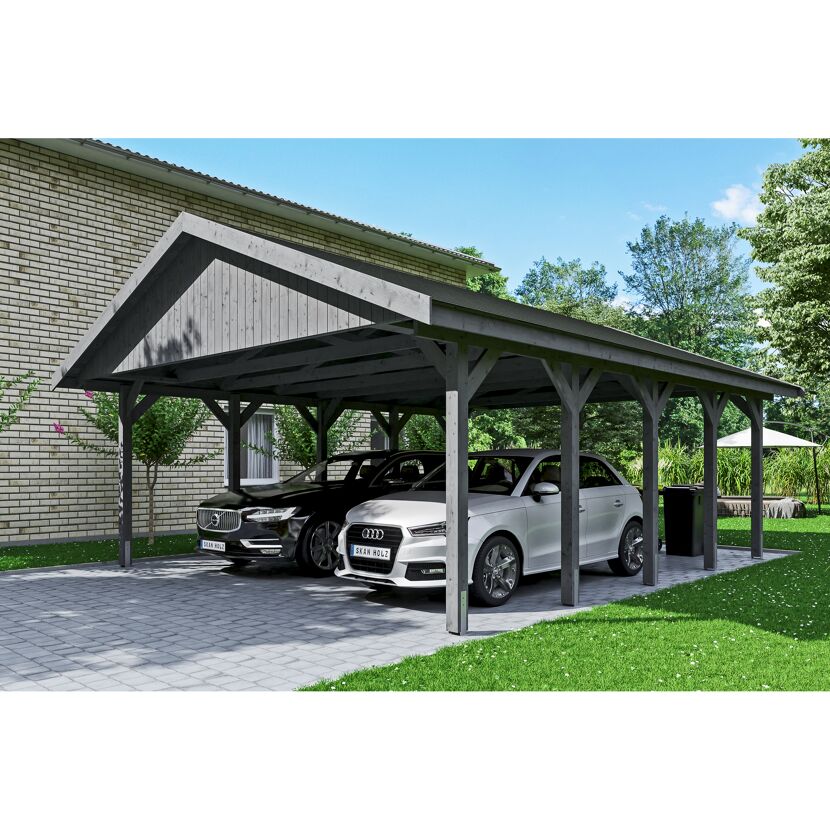Doppelcarport aus Holz mit zwei Autos