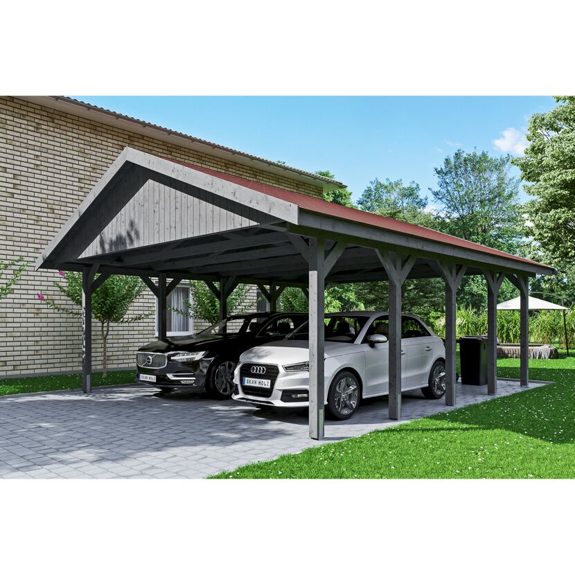 Doppelcarport mit rotem Dach und zwei Autos