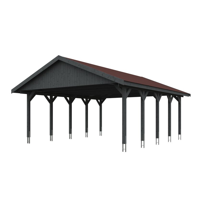 Grauer Carport mit rotem Dach