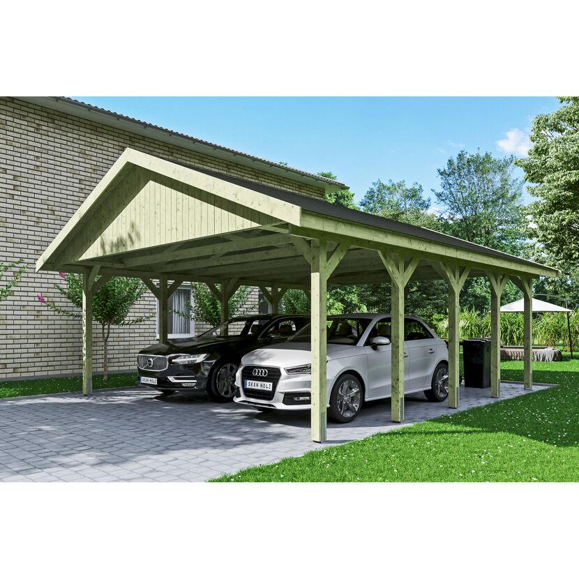 Doppelcarport aus Holz mit zwei Autos