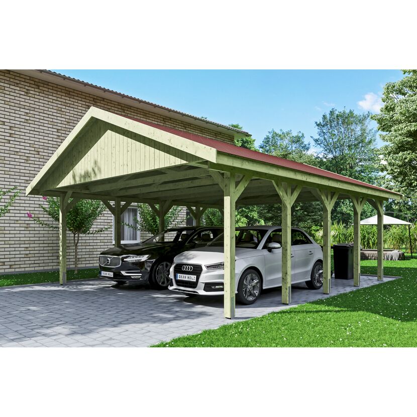 Doppelcarport aus Holz mit zwei Autos