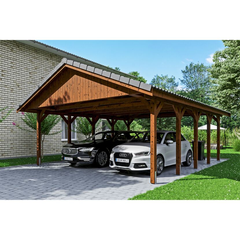Doppelter Holzcarport mit zwei Autos