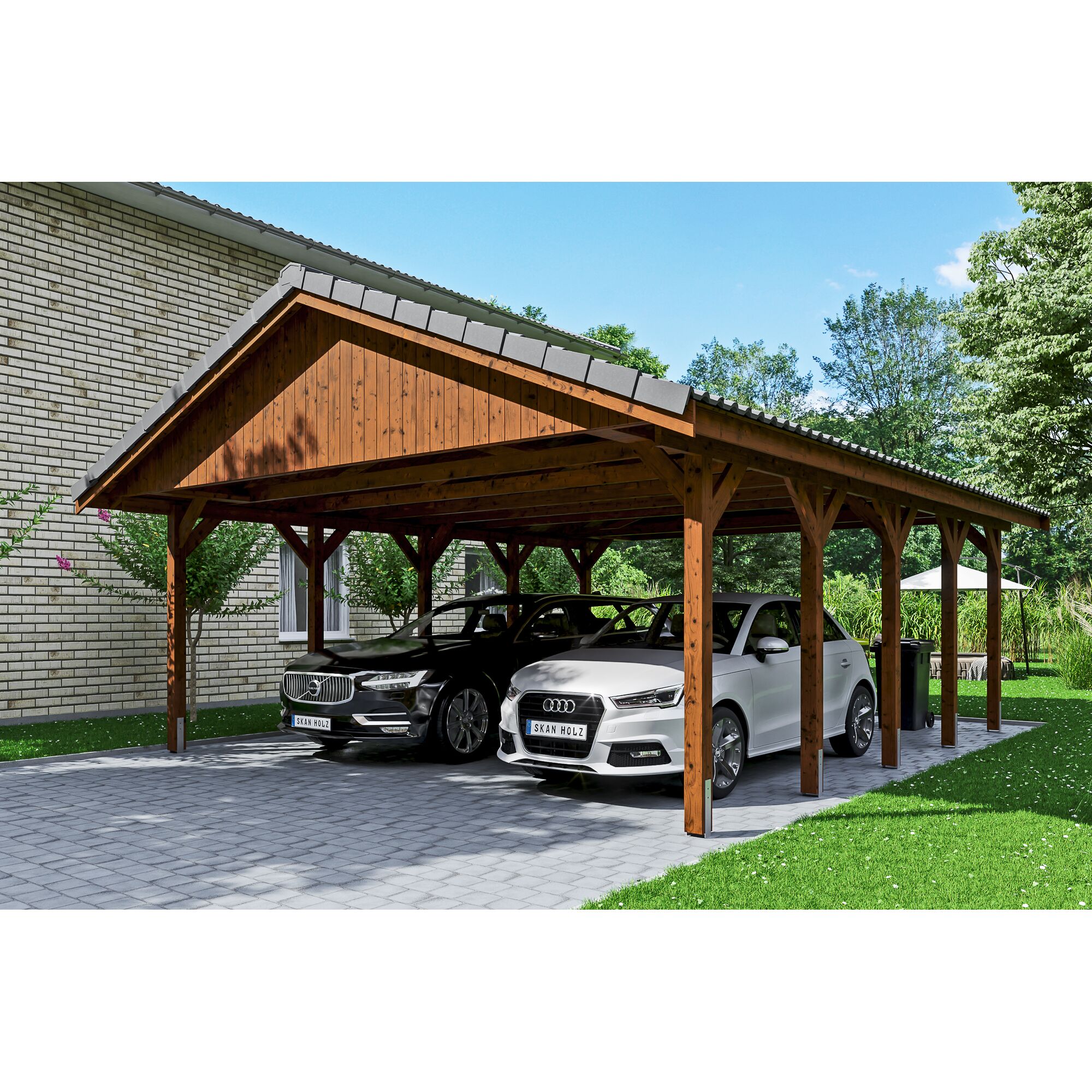 Doppelter Holzcarport mit zwei Autos