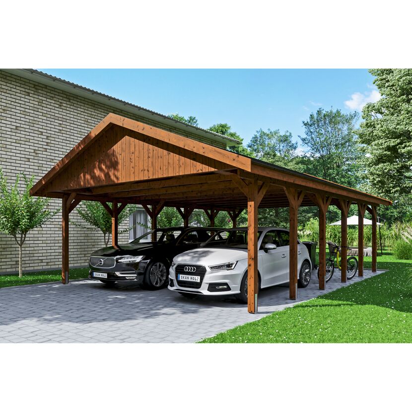 Doppelcarport aus Holz mit zwei Autos und einem Fahrrad
