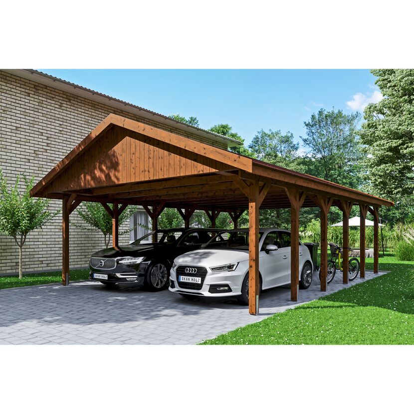 Doppelcarport aus Holz mit zwei Autos und einem Fahrrad